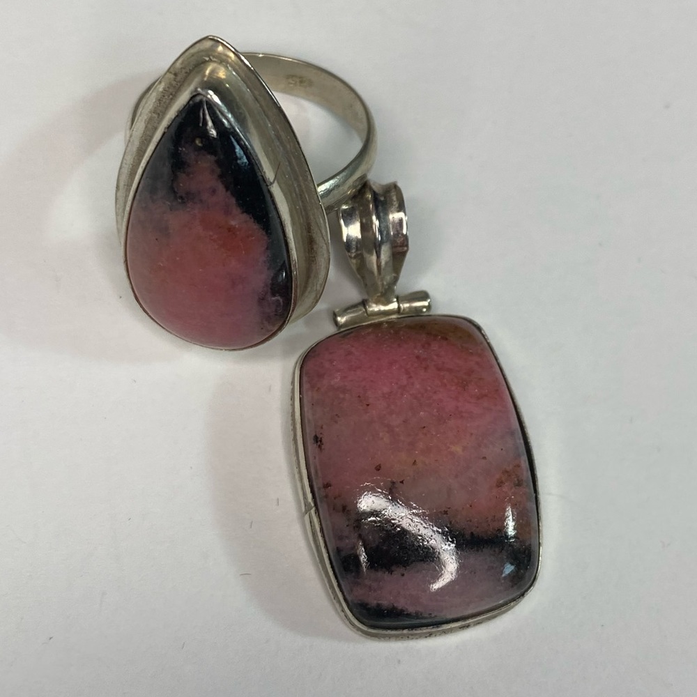 Handmade Rhodonite and Sterling Ring with Matching Pendant
